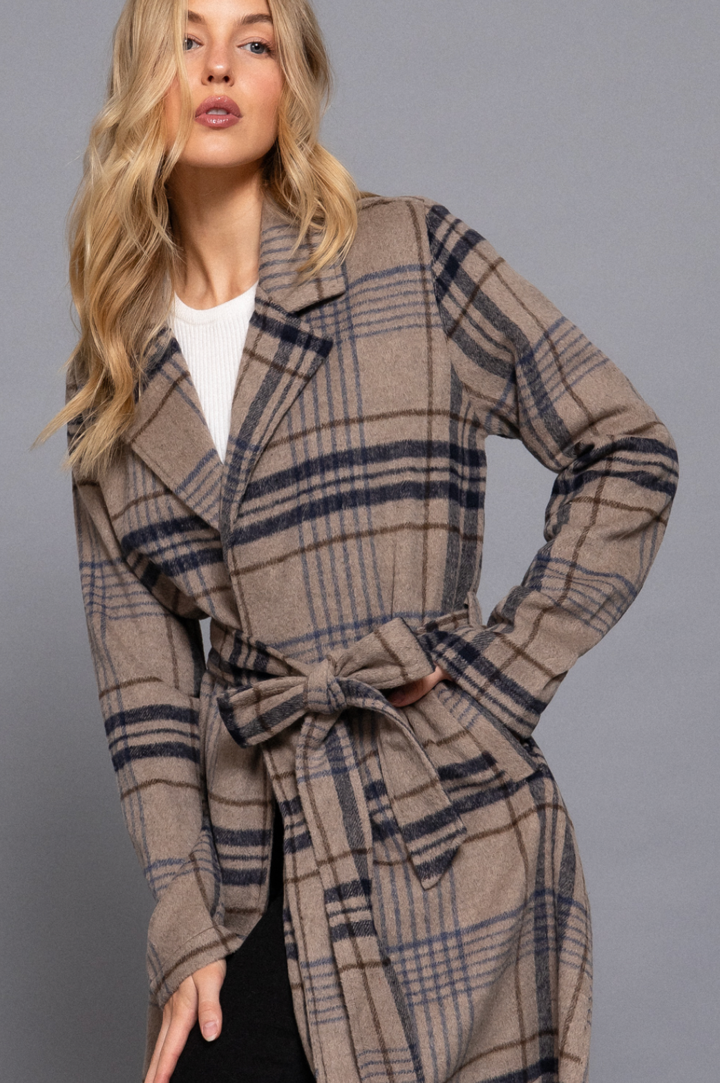 Ivy Long Sleeve Belted Plaid Woven Jacket Taupe/Navy