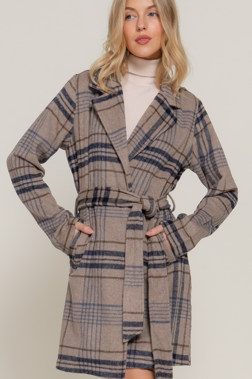 Ivy Long Sleeve Belted Plaid Woven Jacket Taupe/Navy