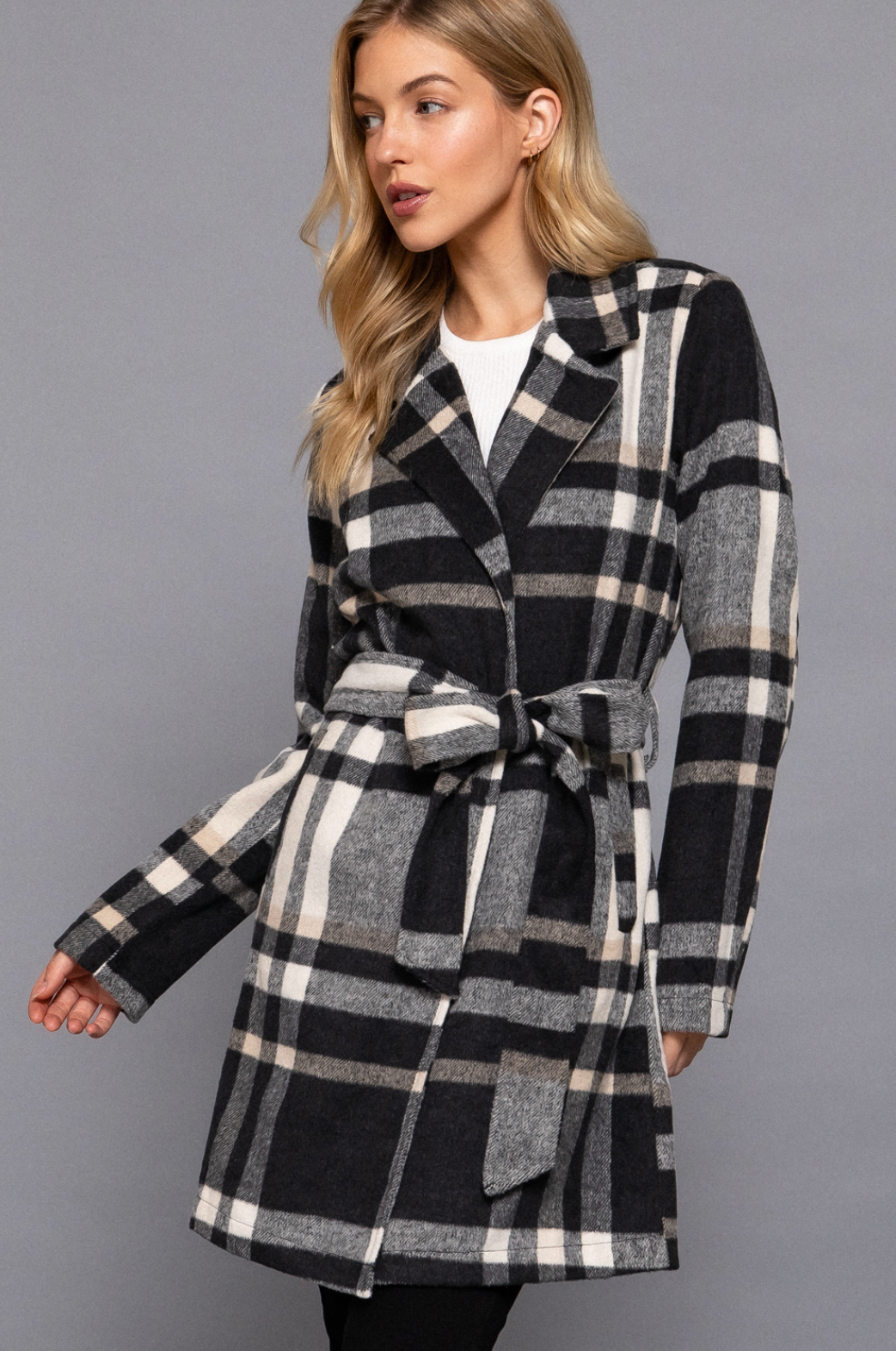 Ivy Long Sleeve Belted Plaid Woven Jacket Black/Taupe