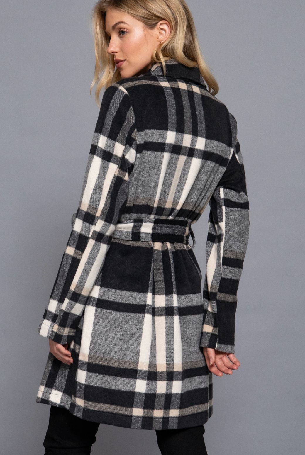 Ivy Long Sleeve Belted Plaid Woven Jacket Black/Taupe