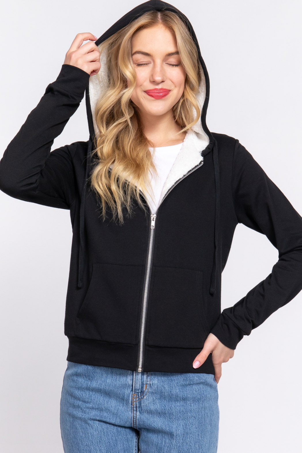 Emery Faux Fur Hoodie French Terry Jacket Black