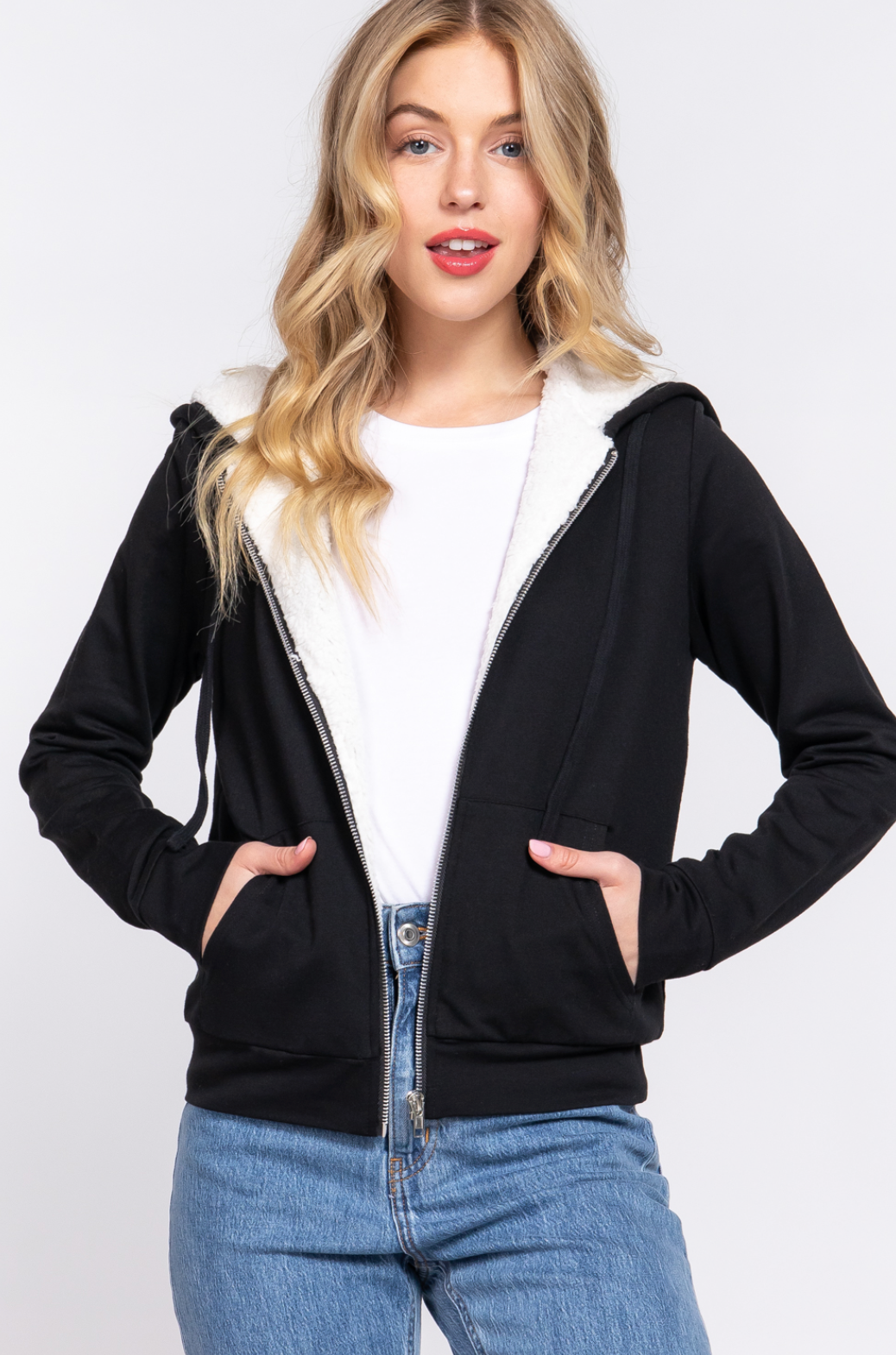 Emery Faux Fur Hoodie French Terry Jacket Black