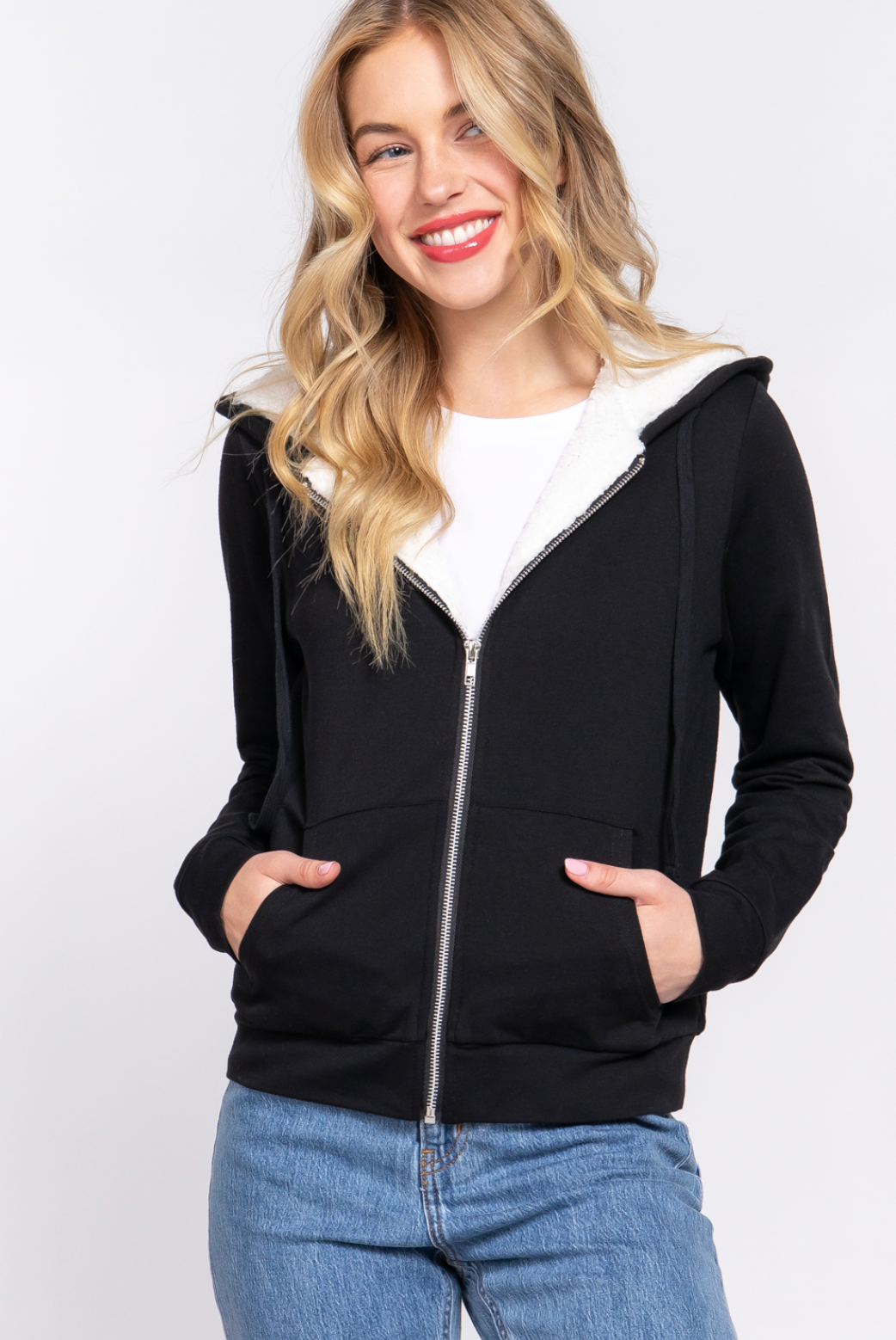Emery Faux Fur Hoodie French Terry Jacket Black