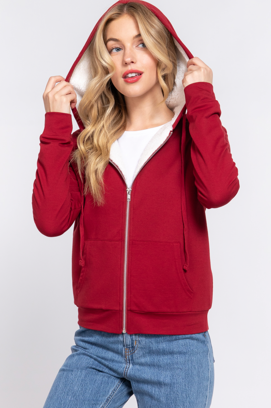 Emery Faux Fur Hoodie French Terry Jacket Vintage Wine