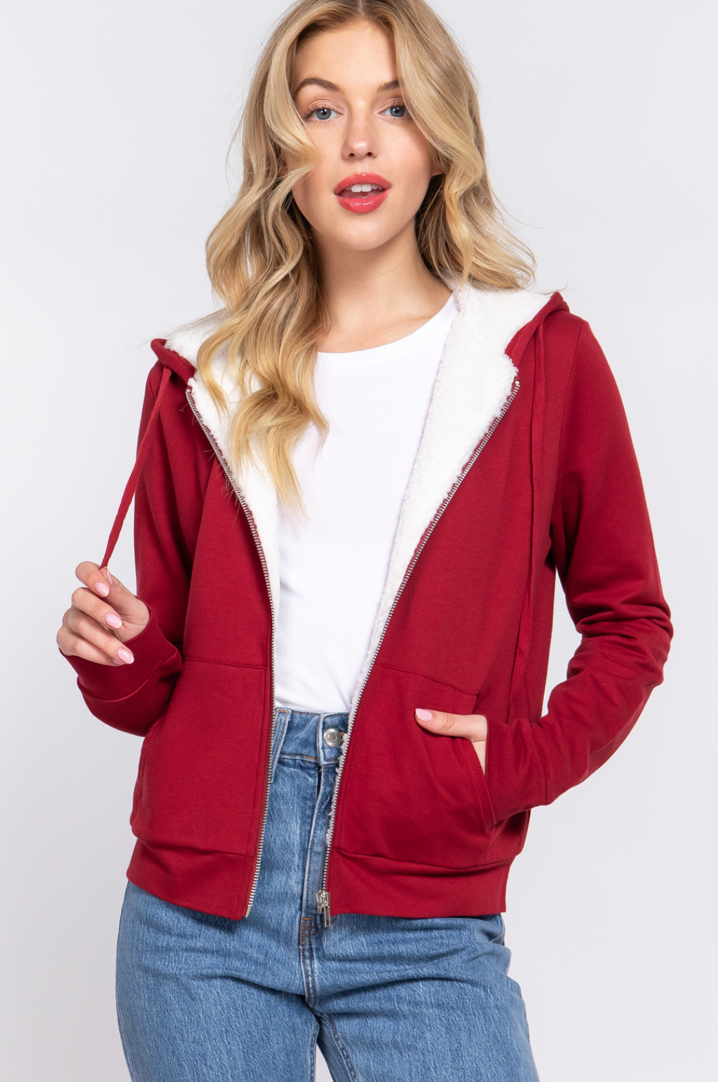 Emery Faux Fur Hoodie French Terry Jacket Vintage Wine
