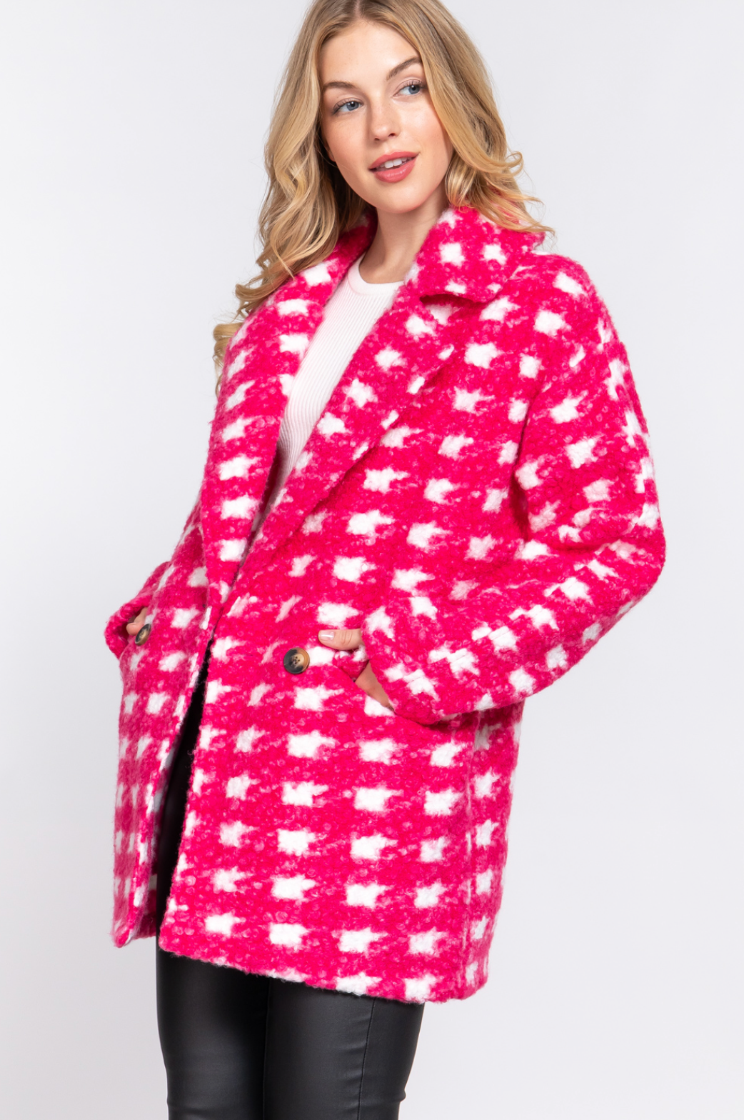 Sadie Check Print Boucle Fleece Coat Fuchsia