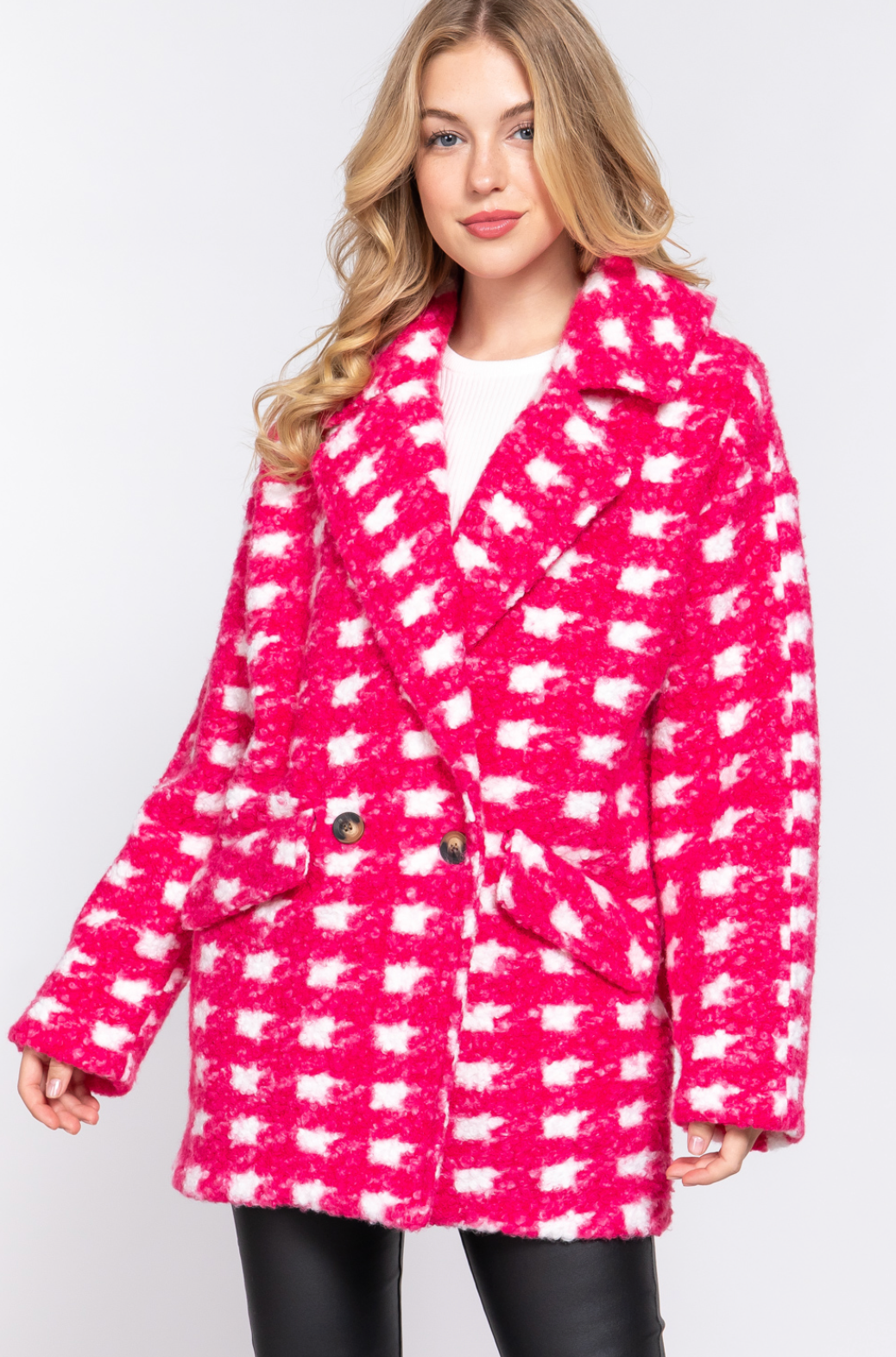 Sadie Check Print Boucle Fleece Coat Fuchsia