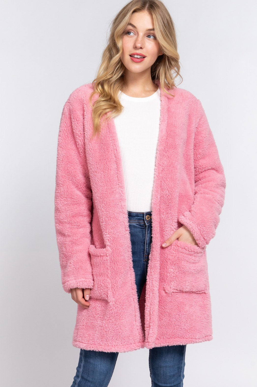 Naomi Long Sleeve Open Front Sherpa Jacket Shell Pink