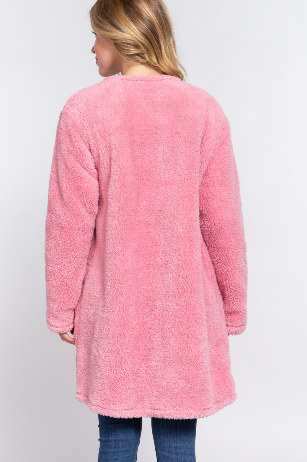 Naomi Long Sleeve Open Front Sherpa Jacket Shell Pink