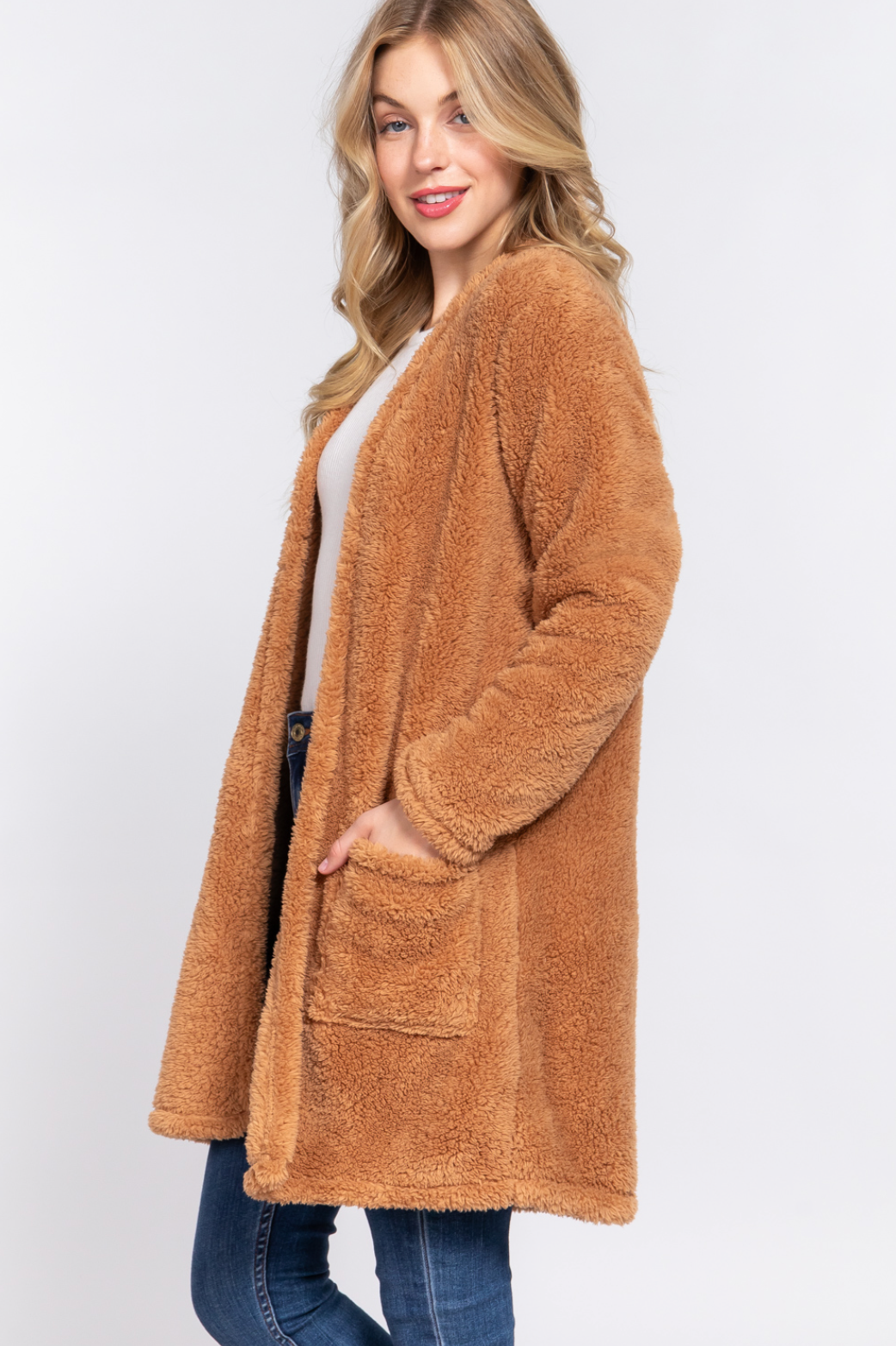 Naomi Long Sleeve Open Front Sherpa Jacket Khaki