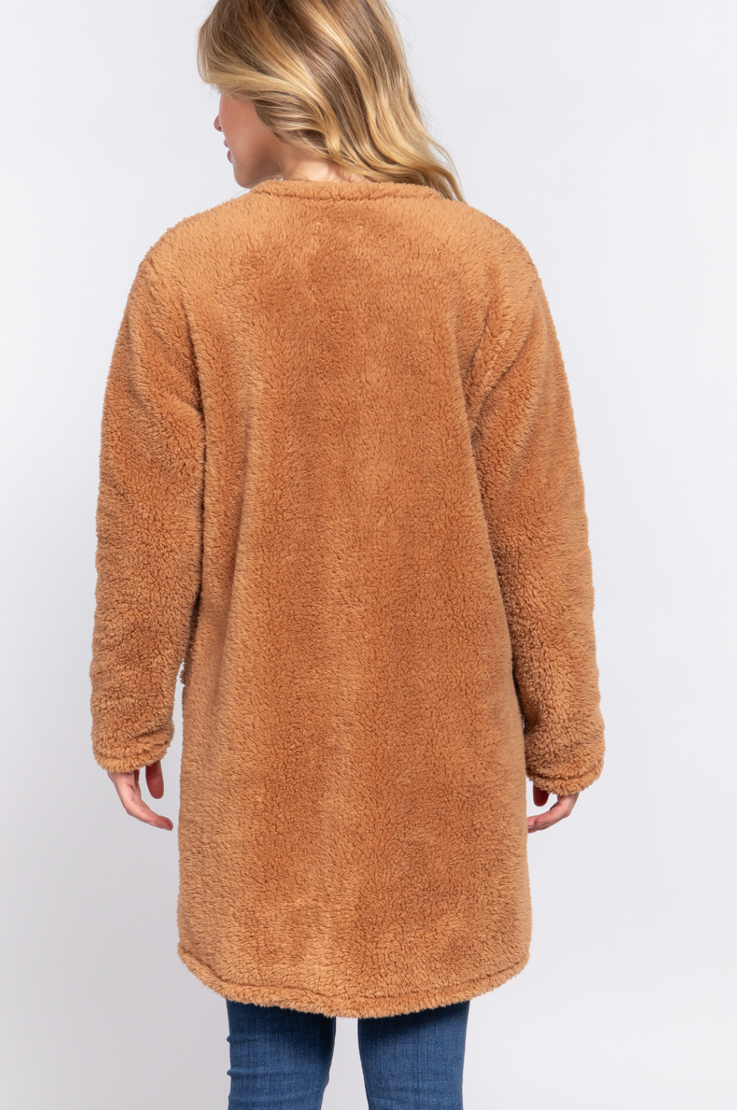 Naomi Long Sleeve Open Front Sherpa Jacket Khaki