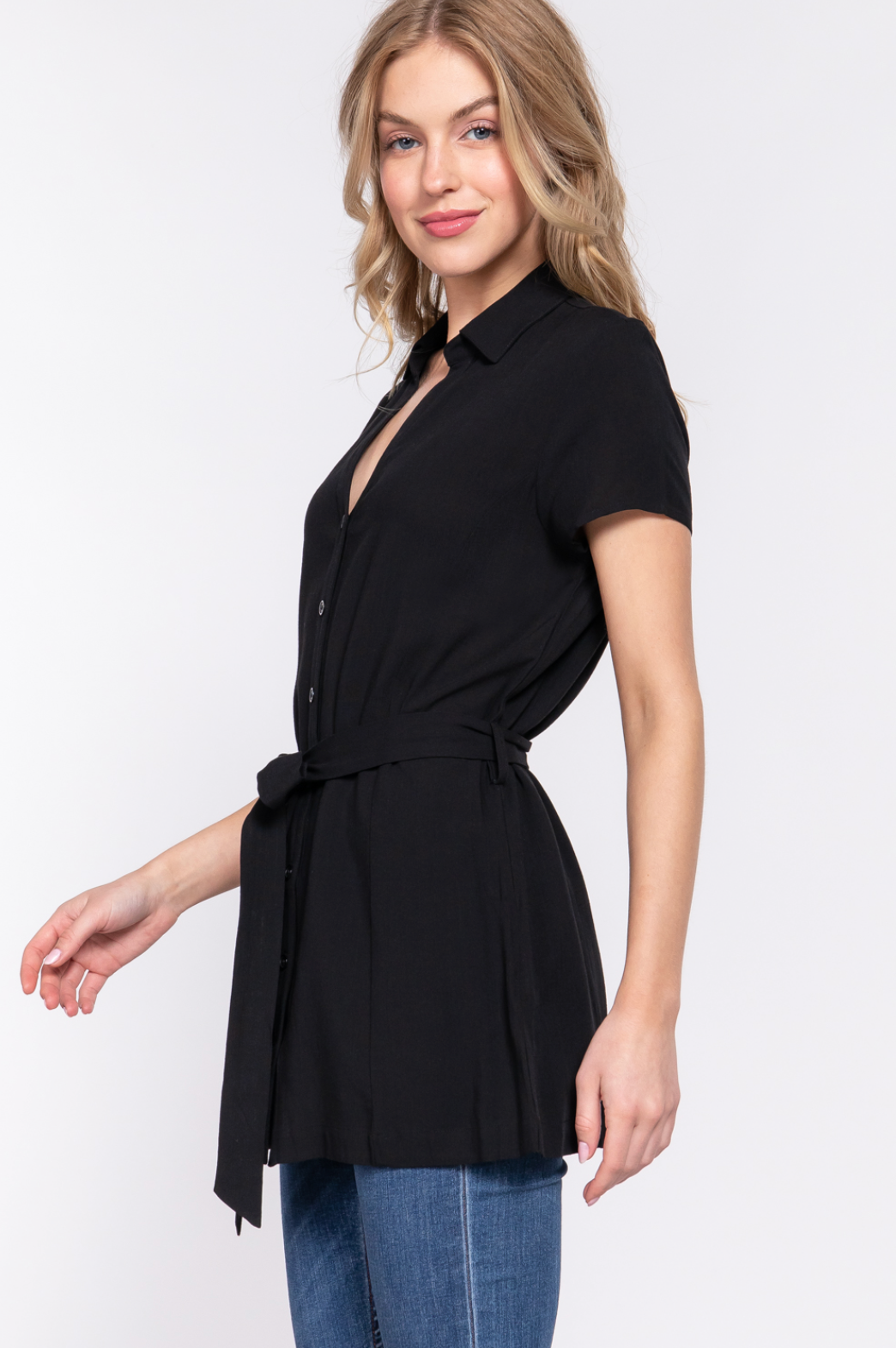 Gianna Button Down Belted Tunic Blouse Black