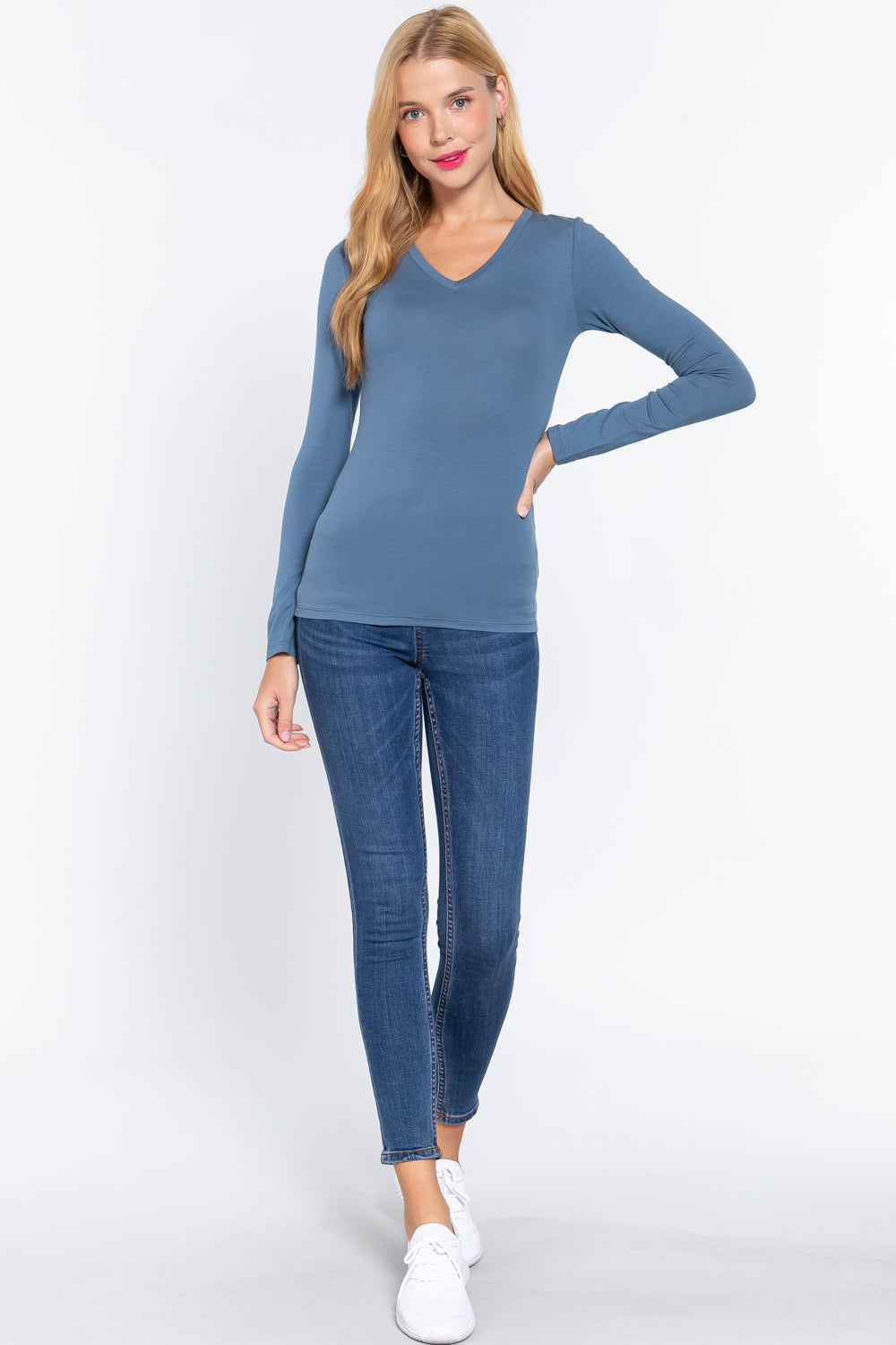 LILIA COTTON JERSEY V-NECK TOP - STEEL BLUE