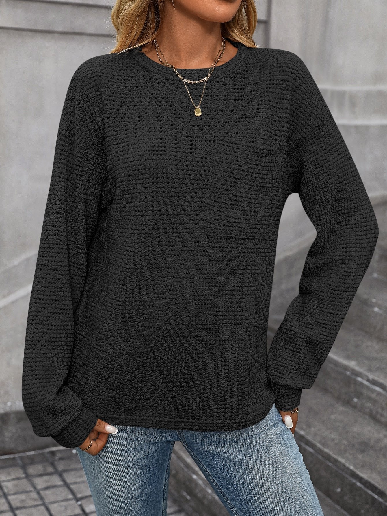 Waffle-Knit Henley Black