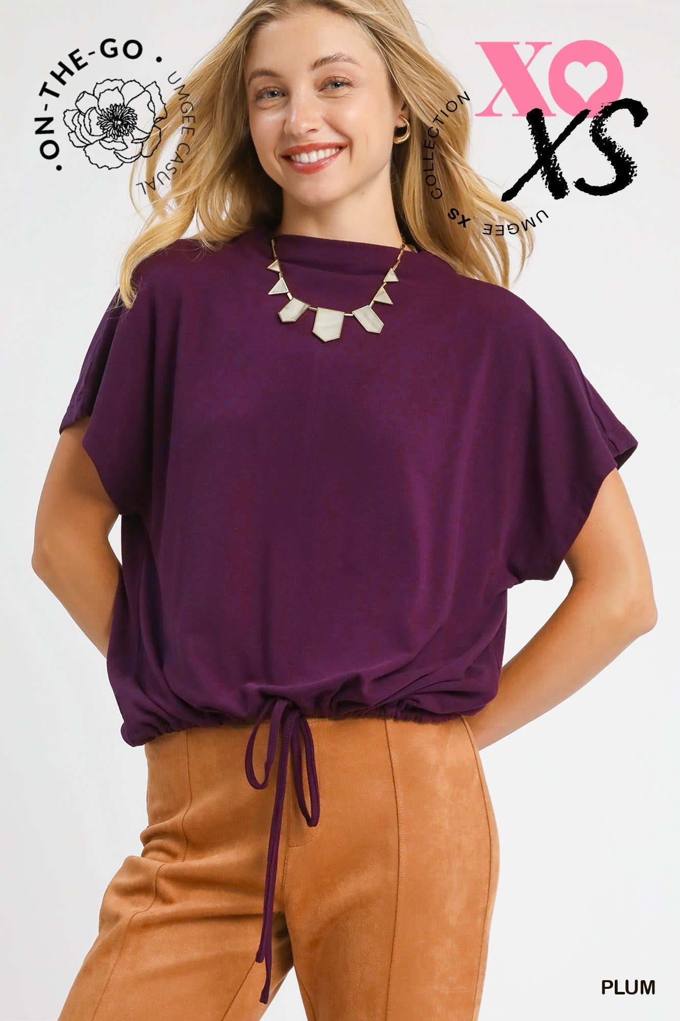 Aurora Short Sleeve Drawstring Waist Blouse Plum