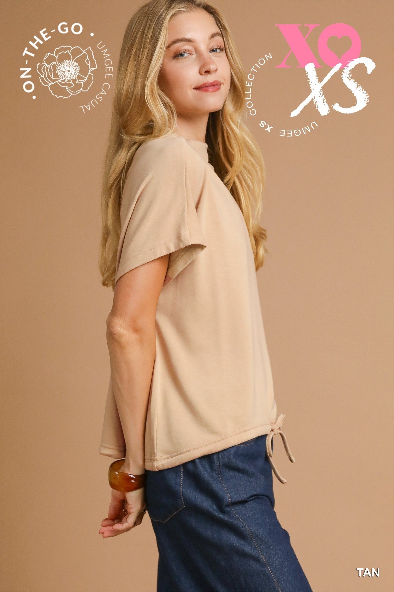 Aurora Short Sleeve Drawstring Waist Blouse Tan