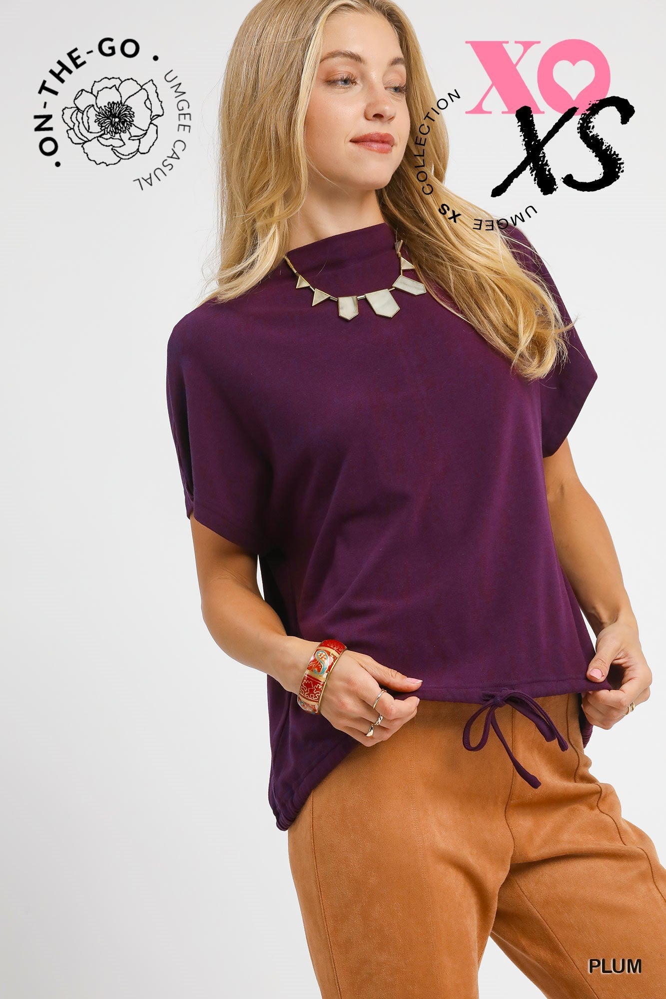 Aurora Short Sleeve Drawstring Waist Blouse Plum