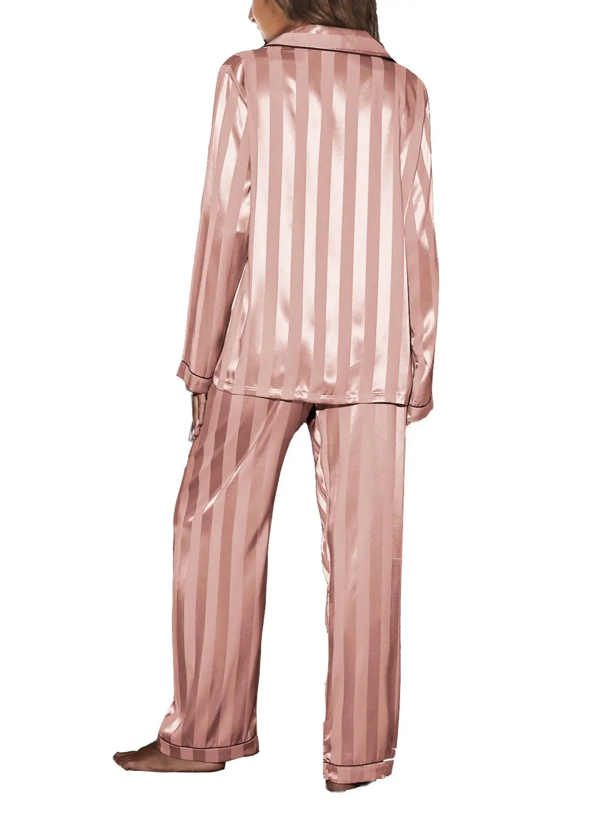 Monica Soft Satin Contrast Striped Long Sleeve Pajama Set Pink