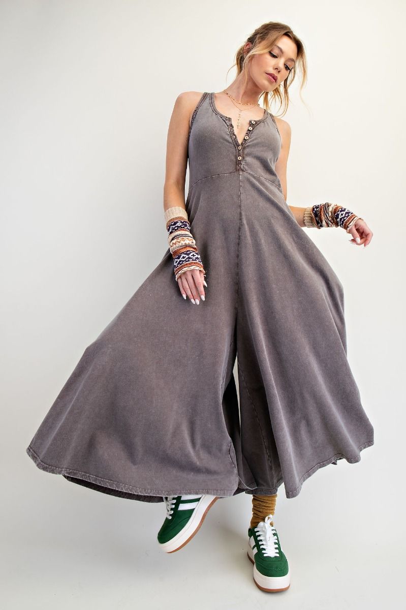 Noa Sleeveless Mineral Washed Palazzo Jumpsuit Coffee