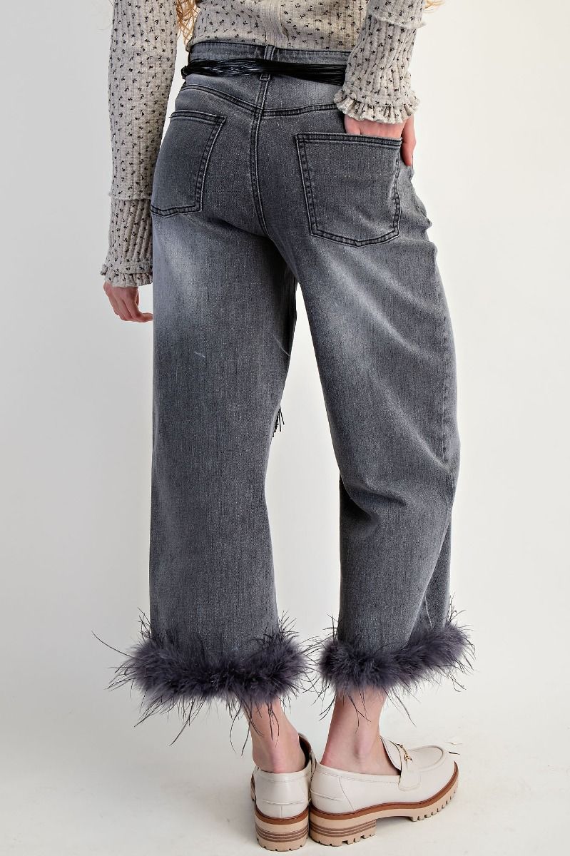 Fallon Fur Bottom Stretch Black Denim Pants