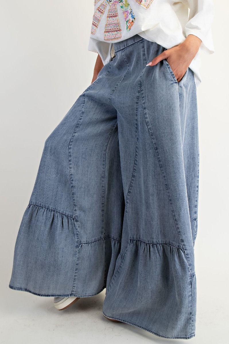 Hannah Ruffle Bottom Hem Washed Denim Palazzo Pants