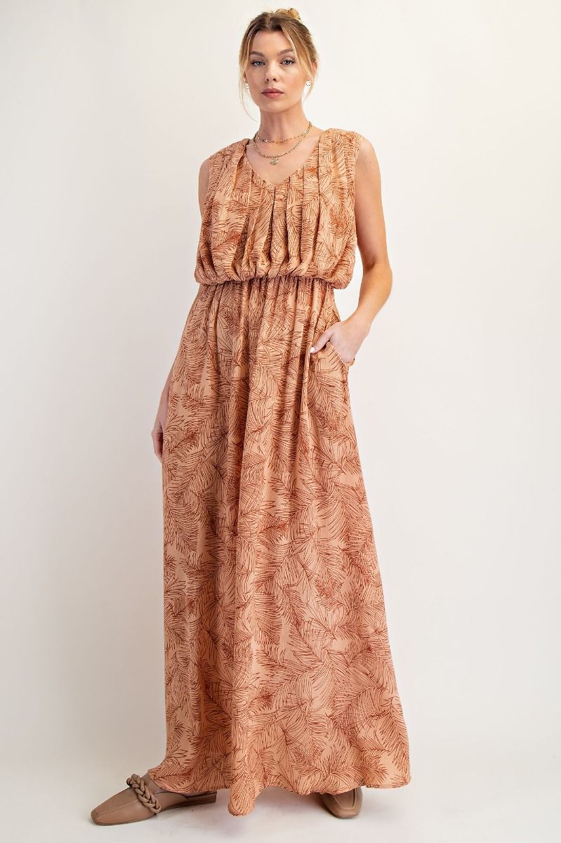 Savannah Leaf Printed Maxi Dress Latte