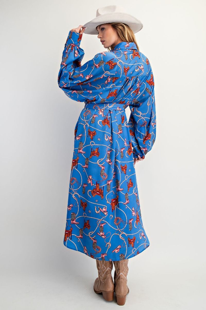 Cassidy Western Print Satin Button Down Dress Pearl Blue