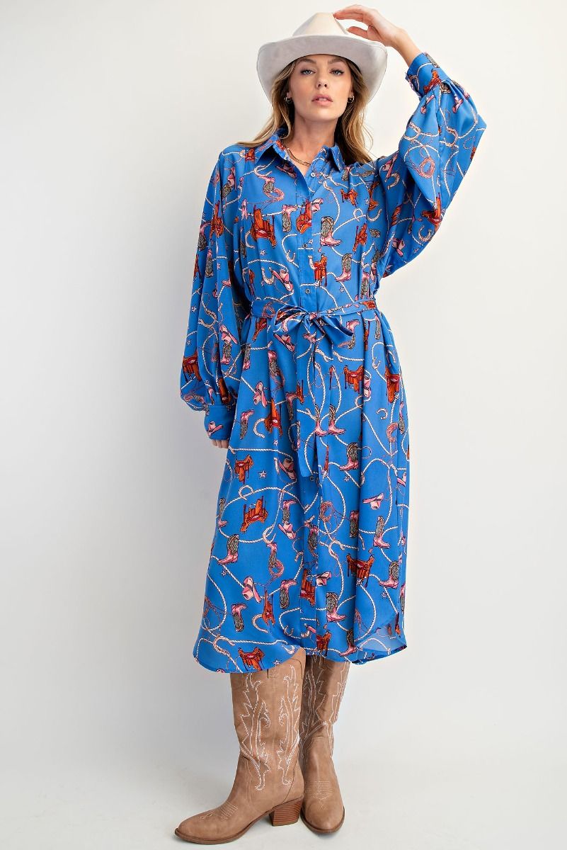 Cassidy Western Print Satin Button Down Dress Pearl Blue