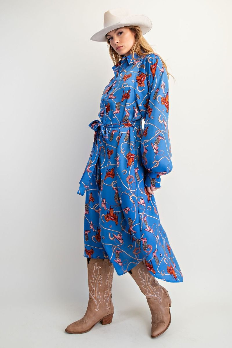 Cassidy Western Print Satin Button Down Dress Pearl Blue