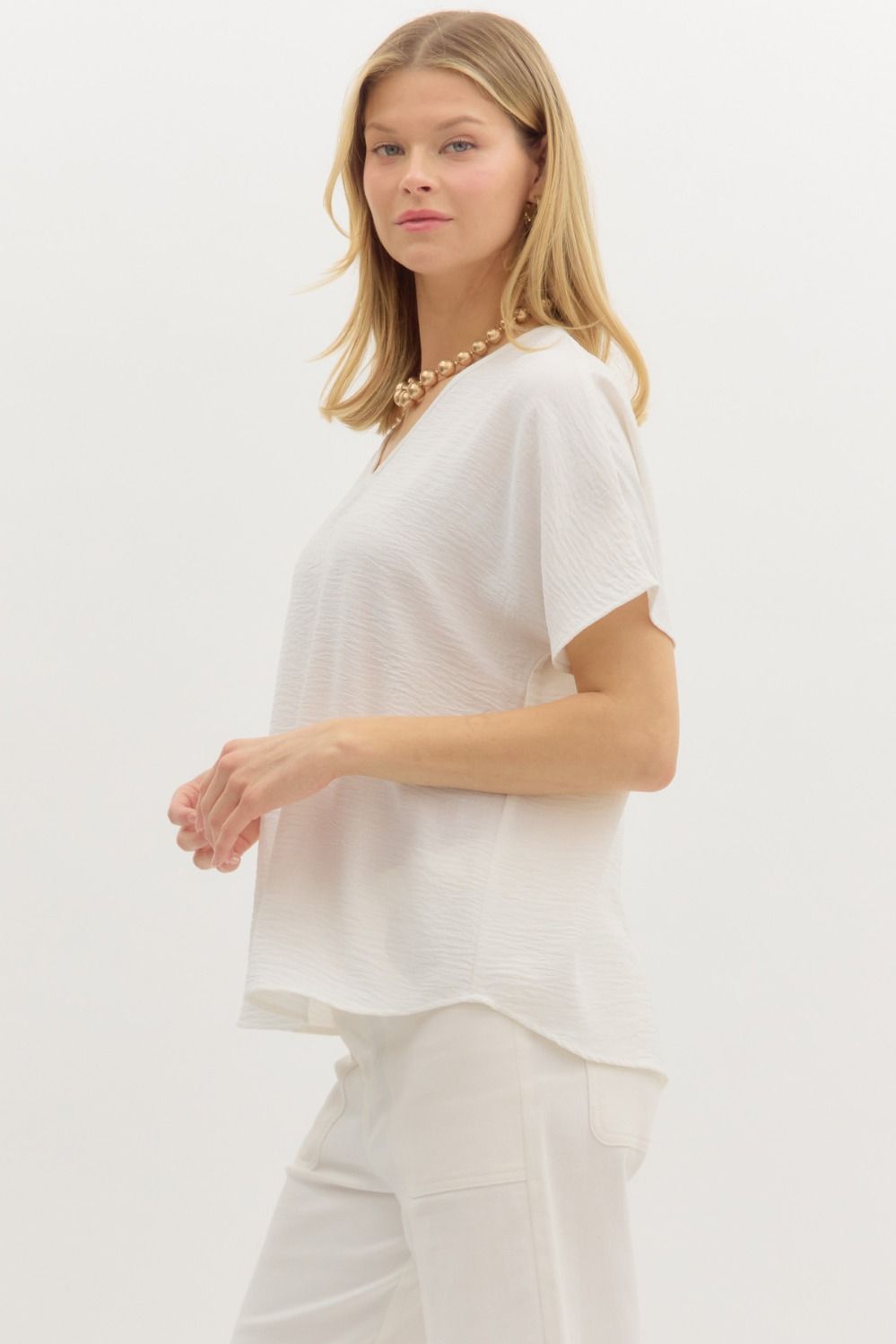 Cindy V-neck Short Sleeve Top Off White