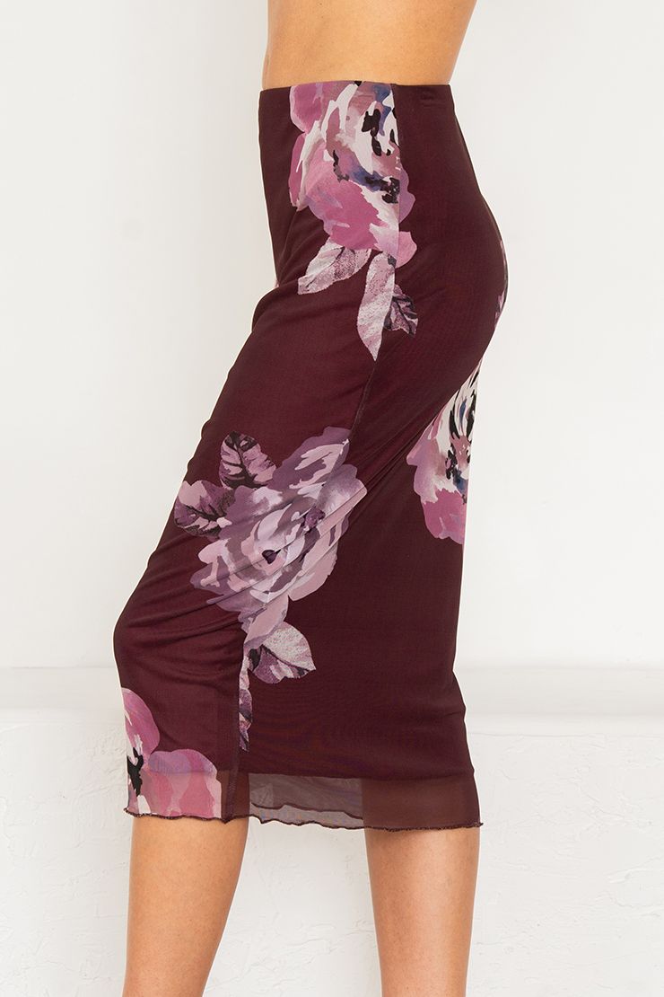 Maeve Floral Mesh Midi Skirt Plum/Mauve