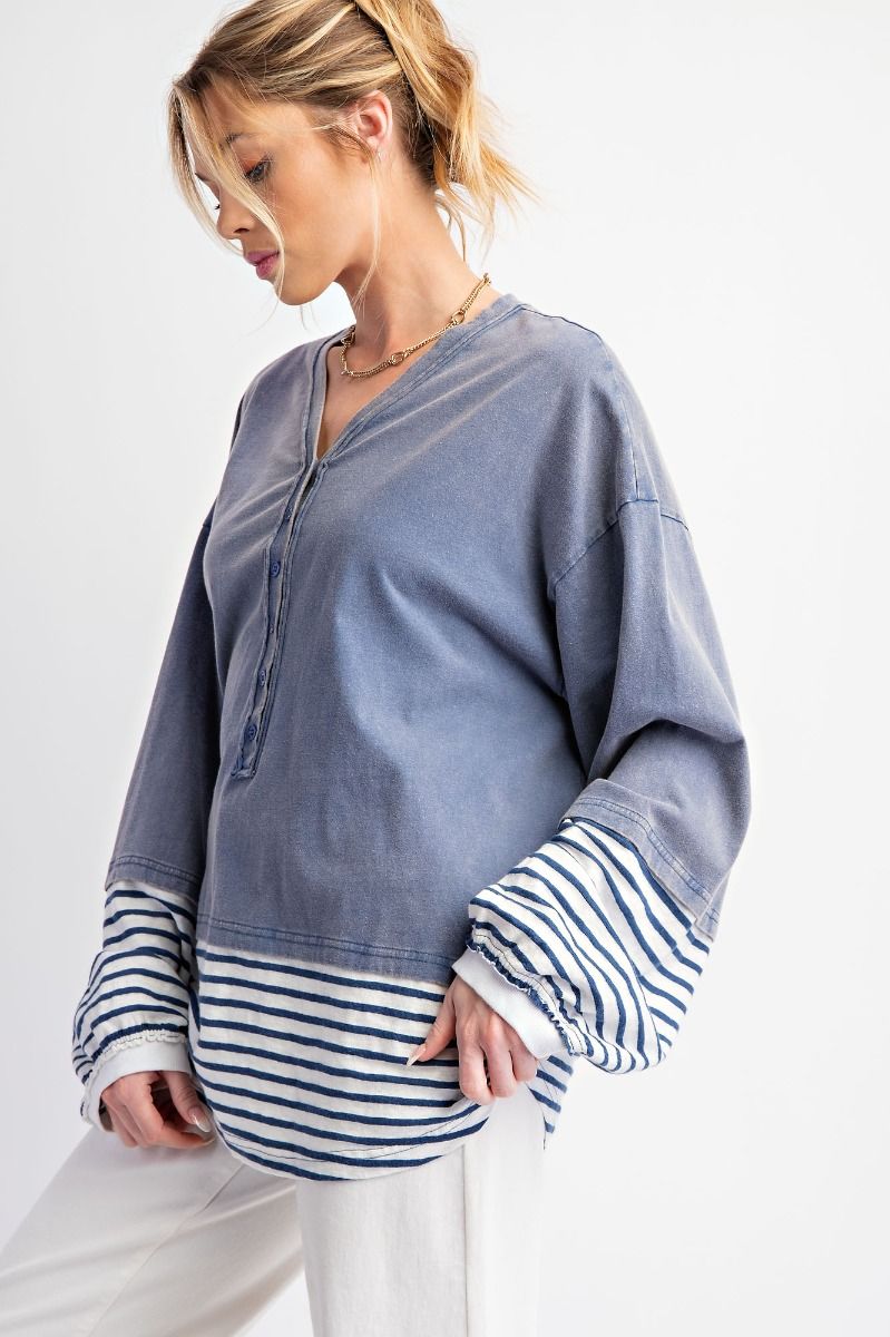 Elise Stripe Bottom Mineral Washed Cotton Knit Top Denim