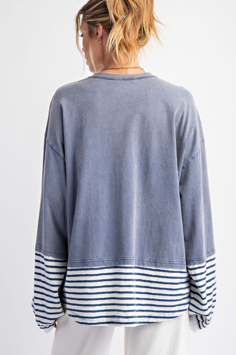 Elise Stripe Bottom Mineral Washed Cotton Knit Top Denim