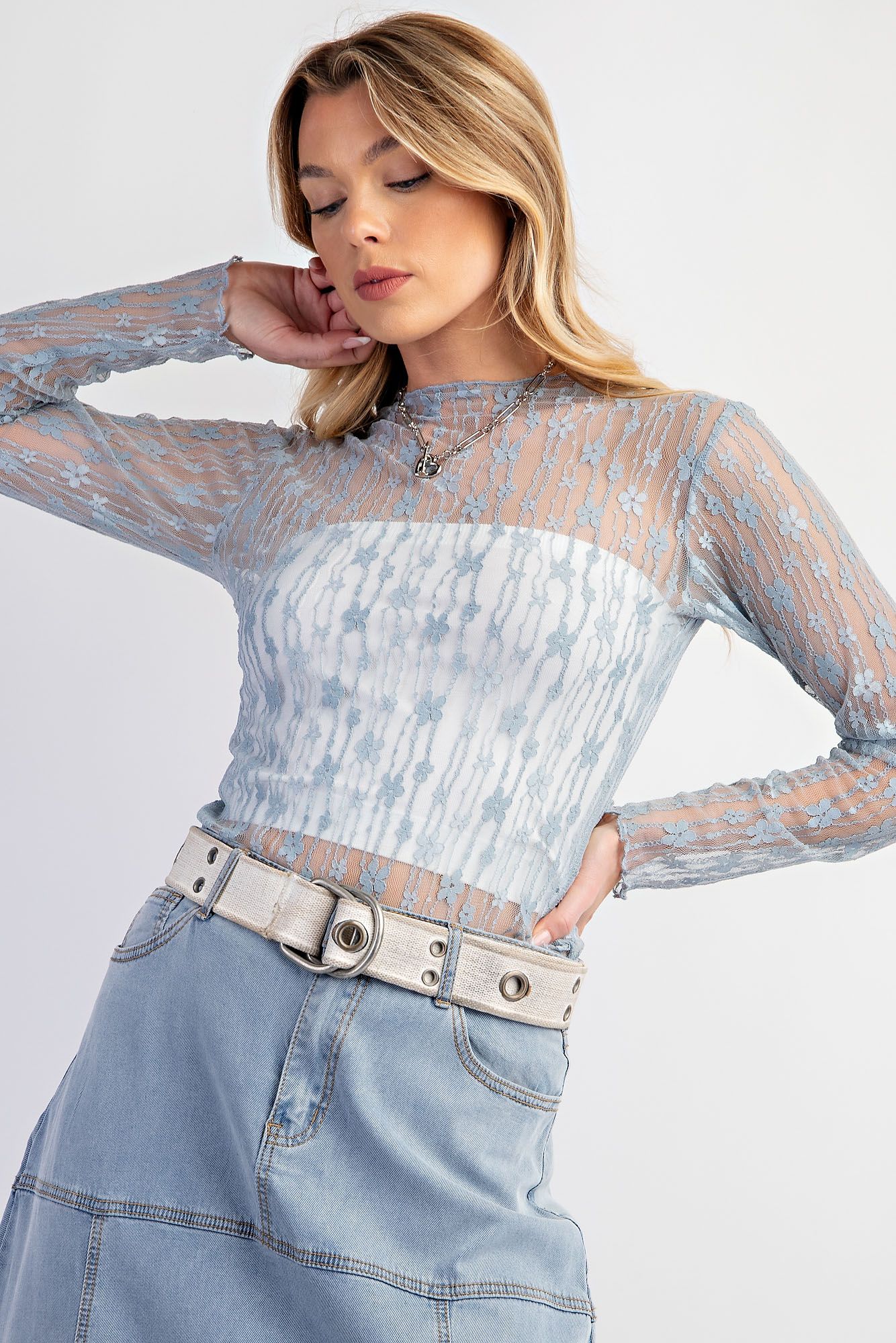 Cora See Through Lace Top Dusty Blue