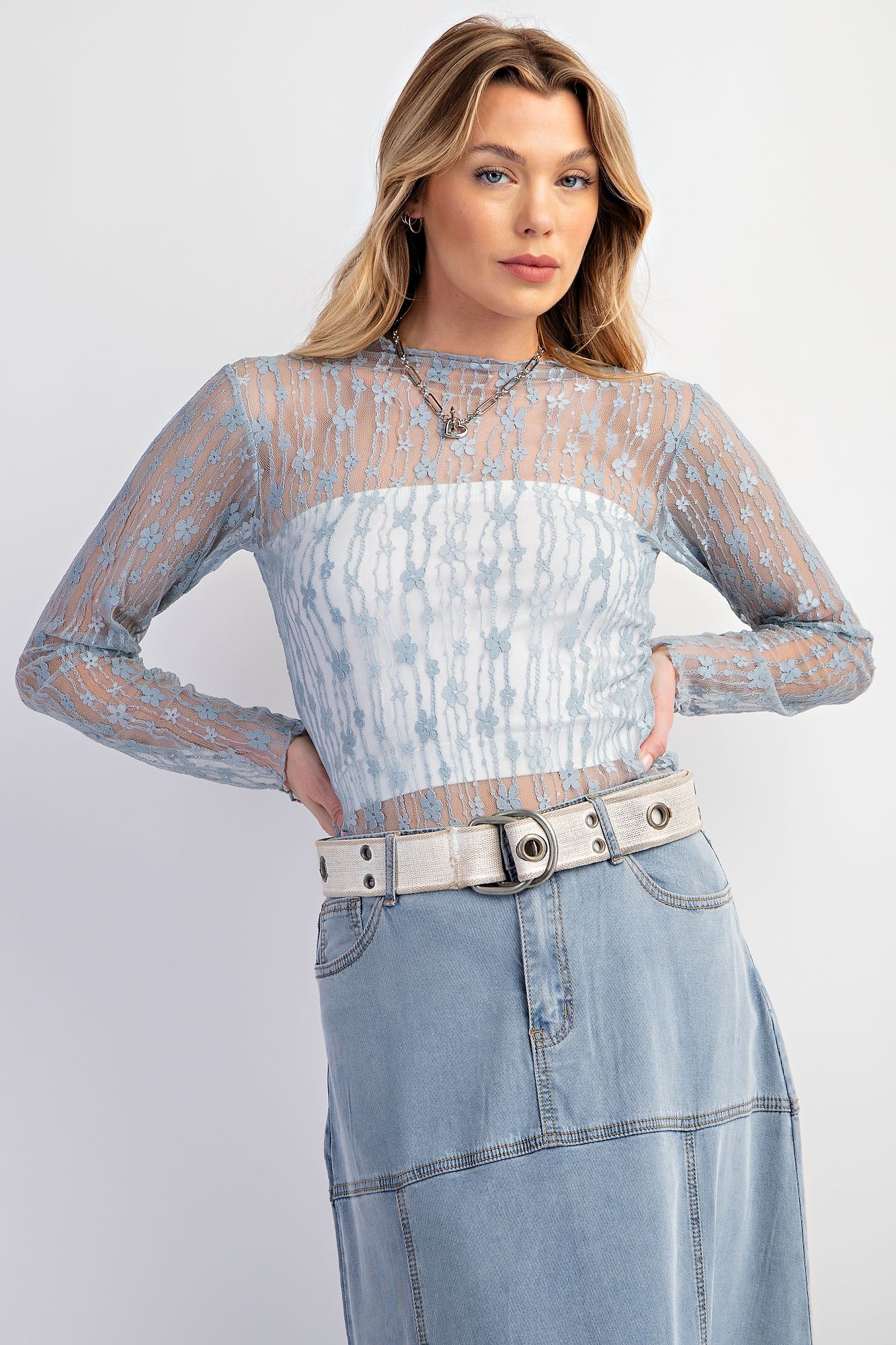 Cora See Through Lace Top Dusty Blue