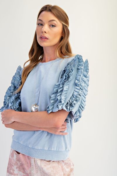 Cassie Ruffle Sleeve Mineral Washed Top Dusty Blue