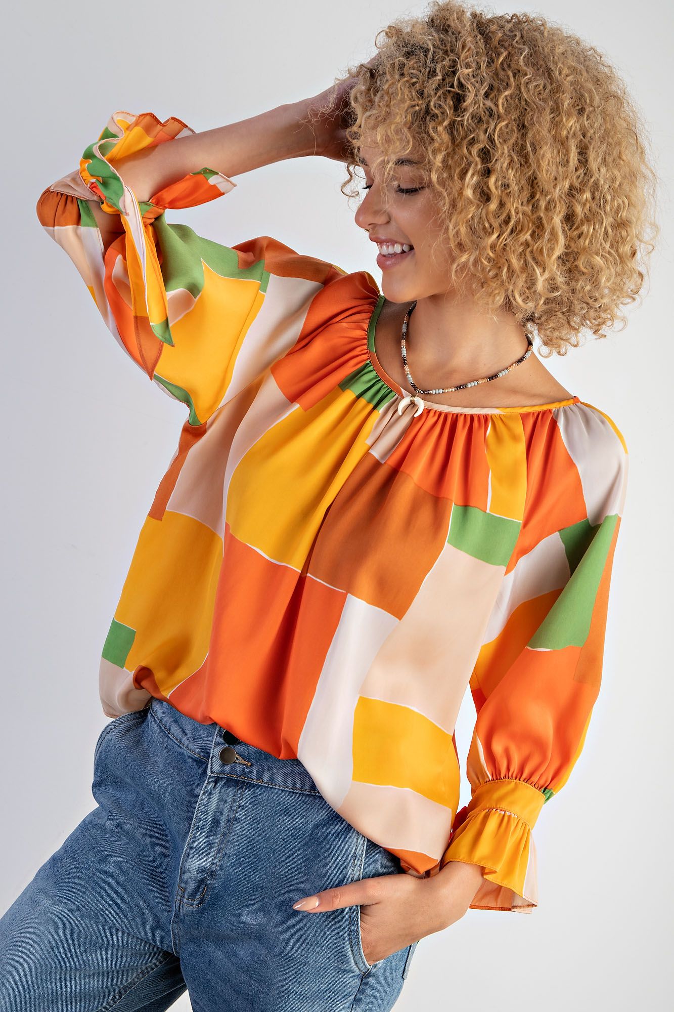 Talia Geo Print Satin Blouse Orange Caramel