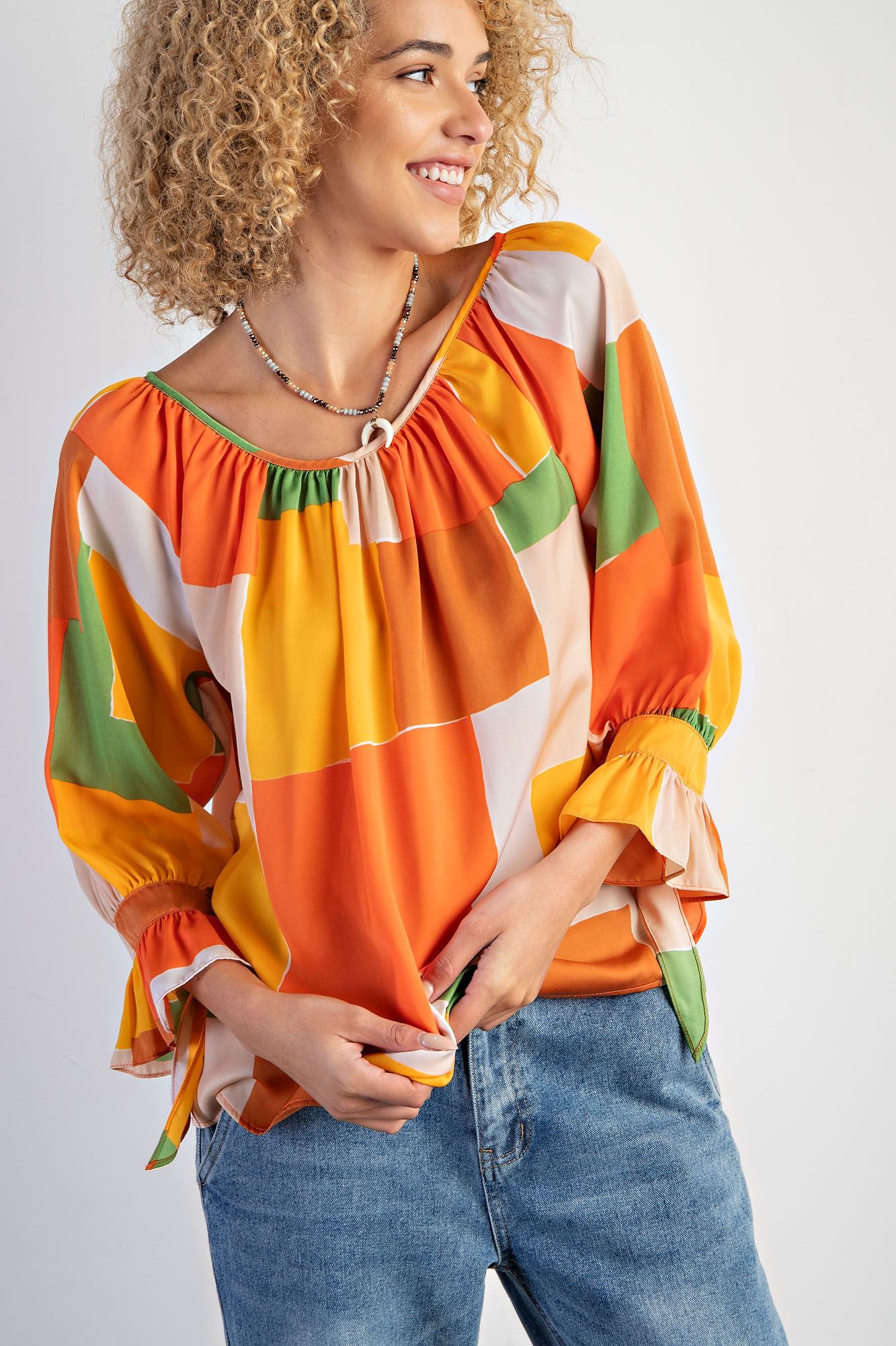 Talia Geo Print Satin Blouse Orange Caramel