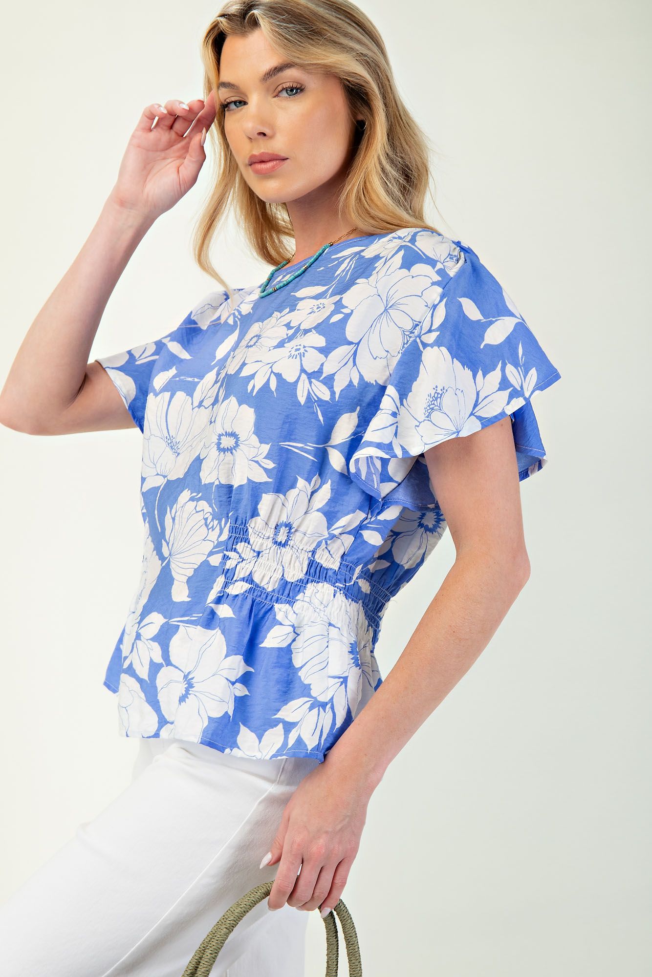 Isla Printed Peplum Top Peri Blue