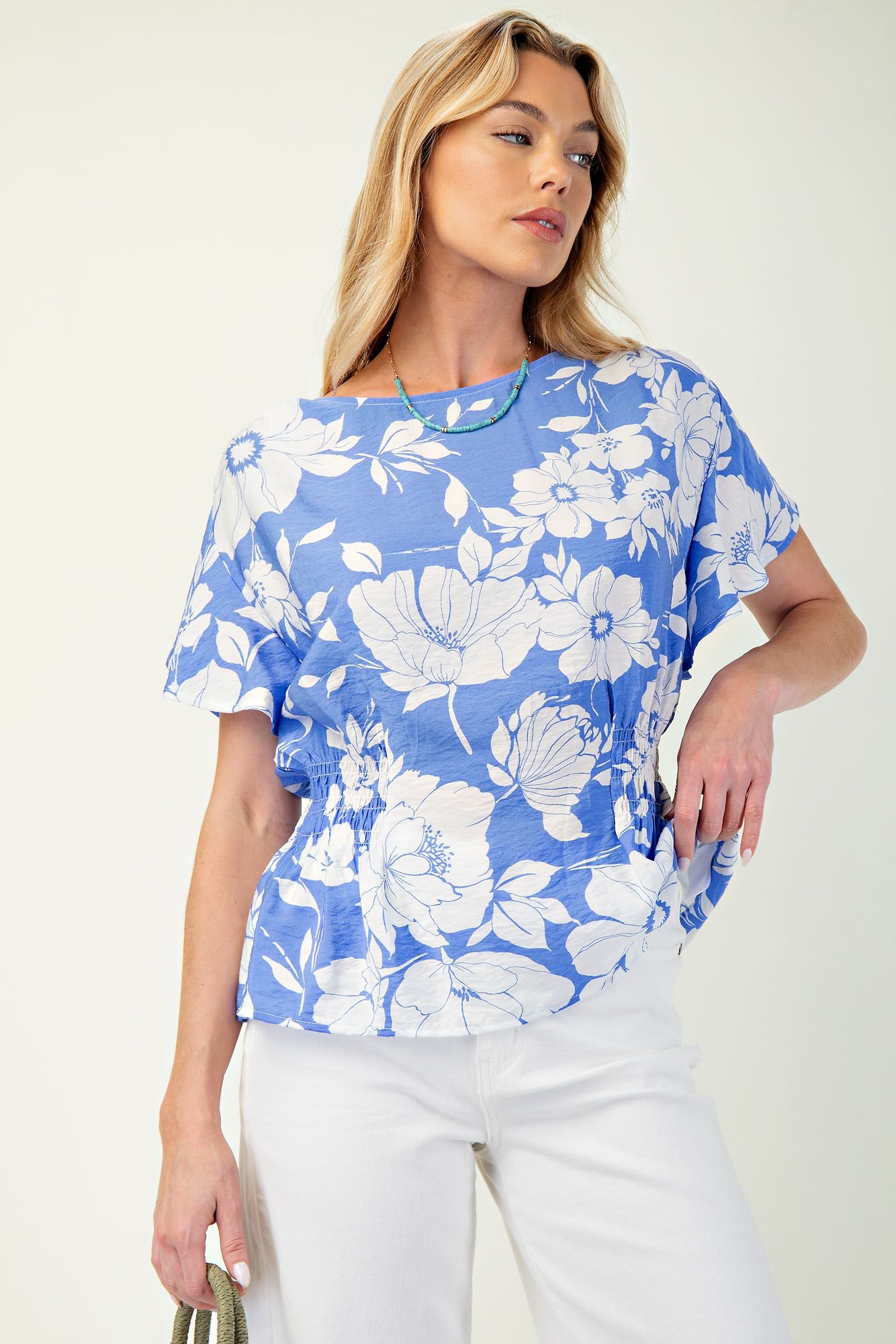 Isla Printed Peplum Top Peri Blue