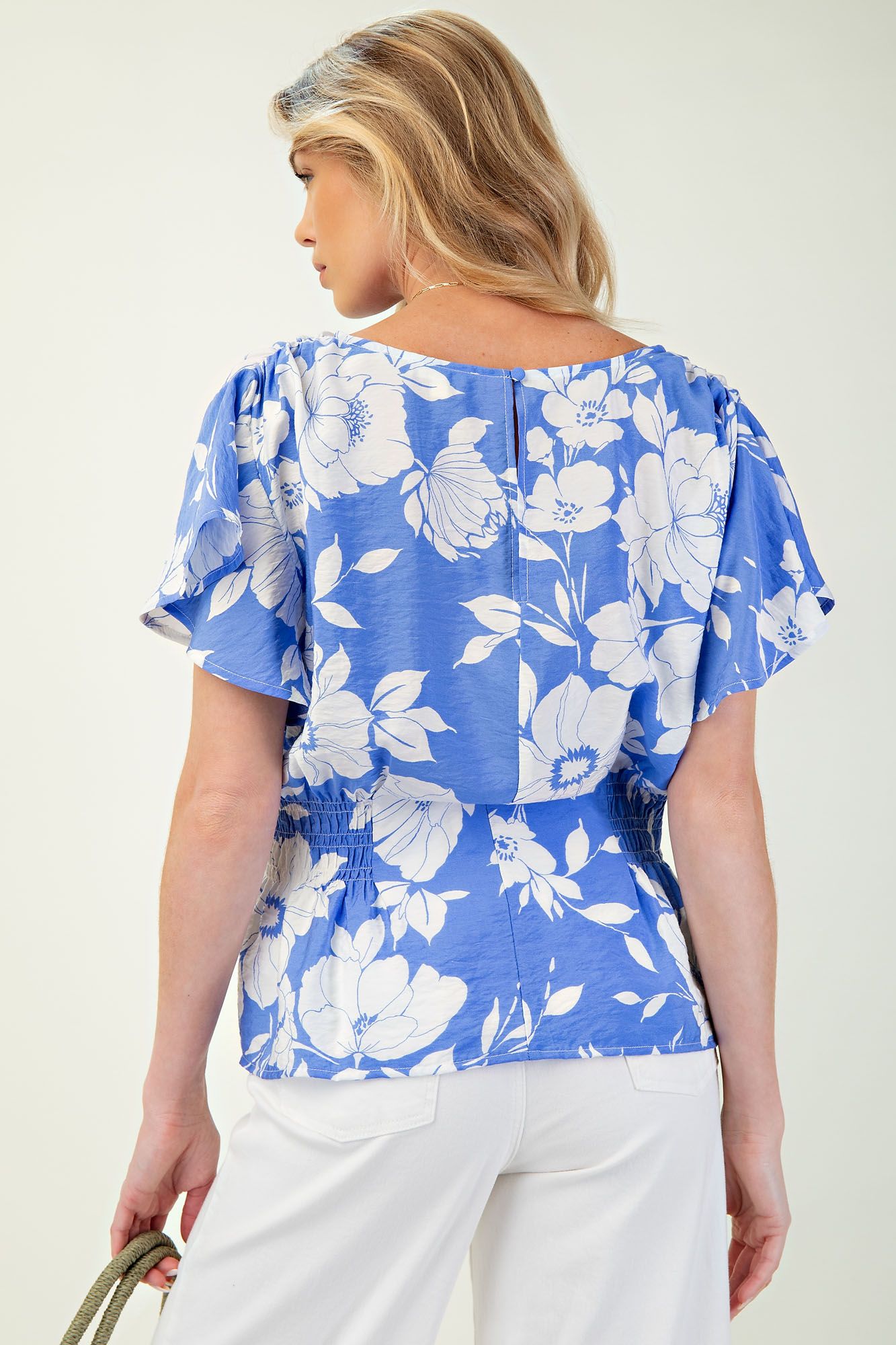 Isla Printed Peplum Top Peri Blue