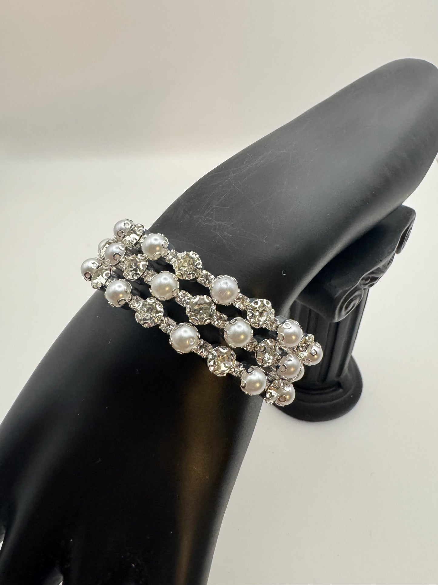 Pearl and Crystal Silver Cuff Bracelet