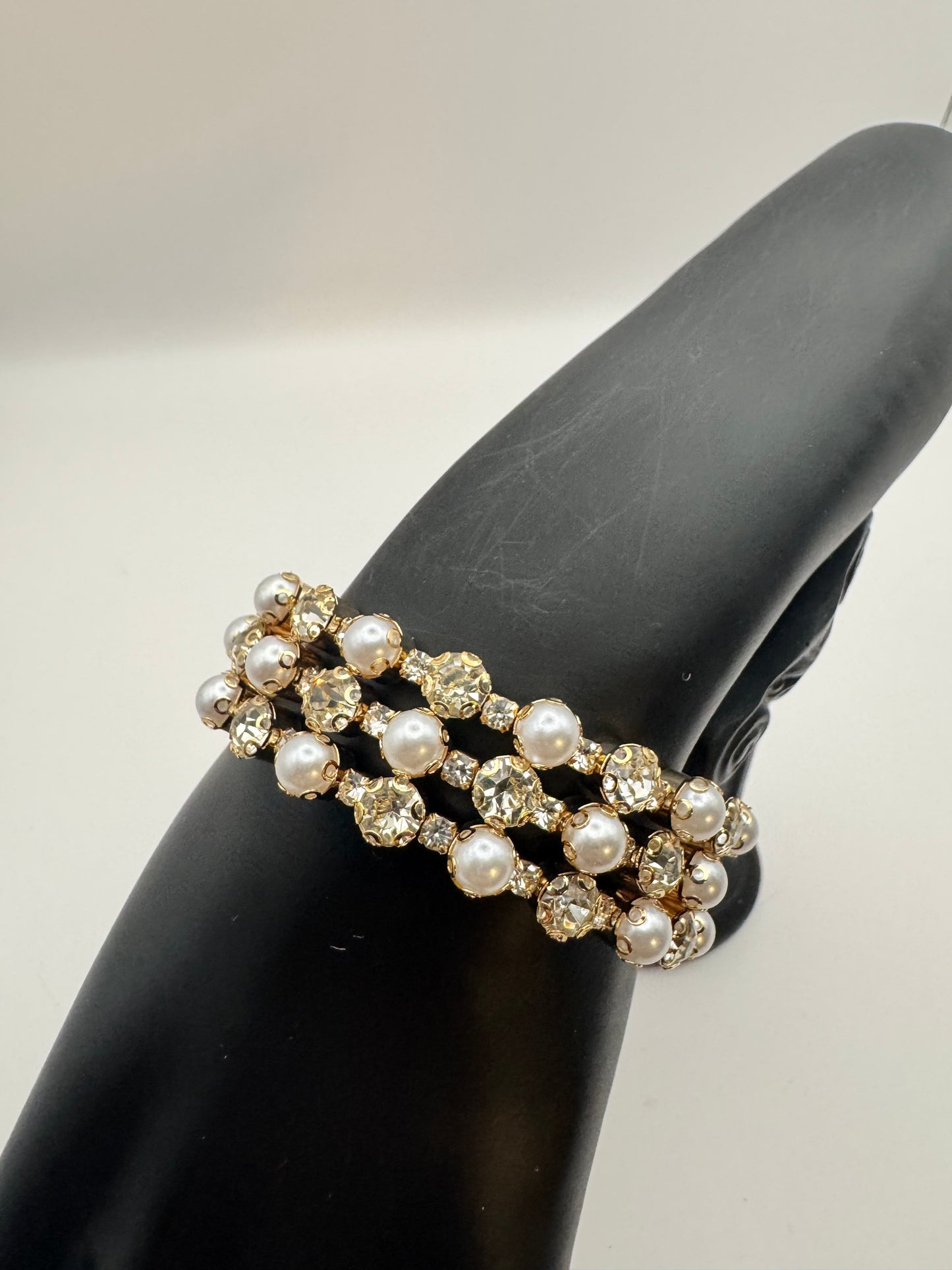Pearl and Crystal Gold Cuff Bracelet