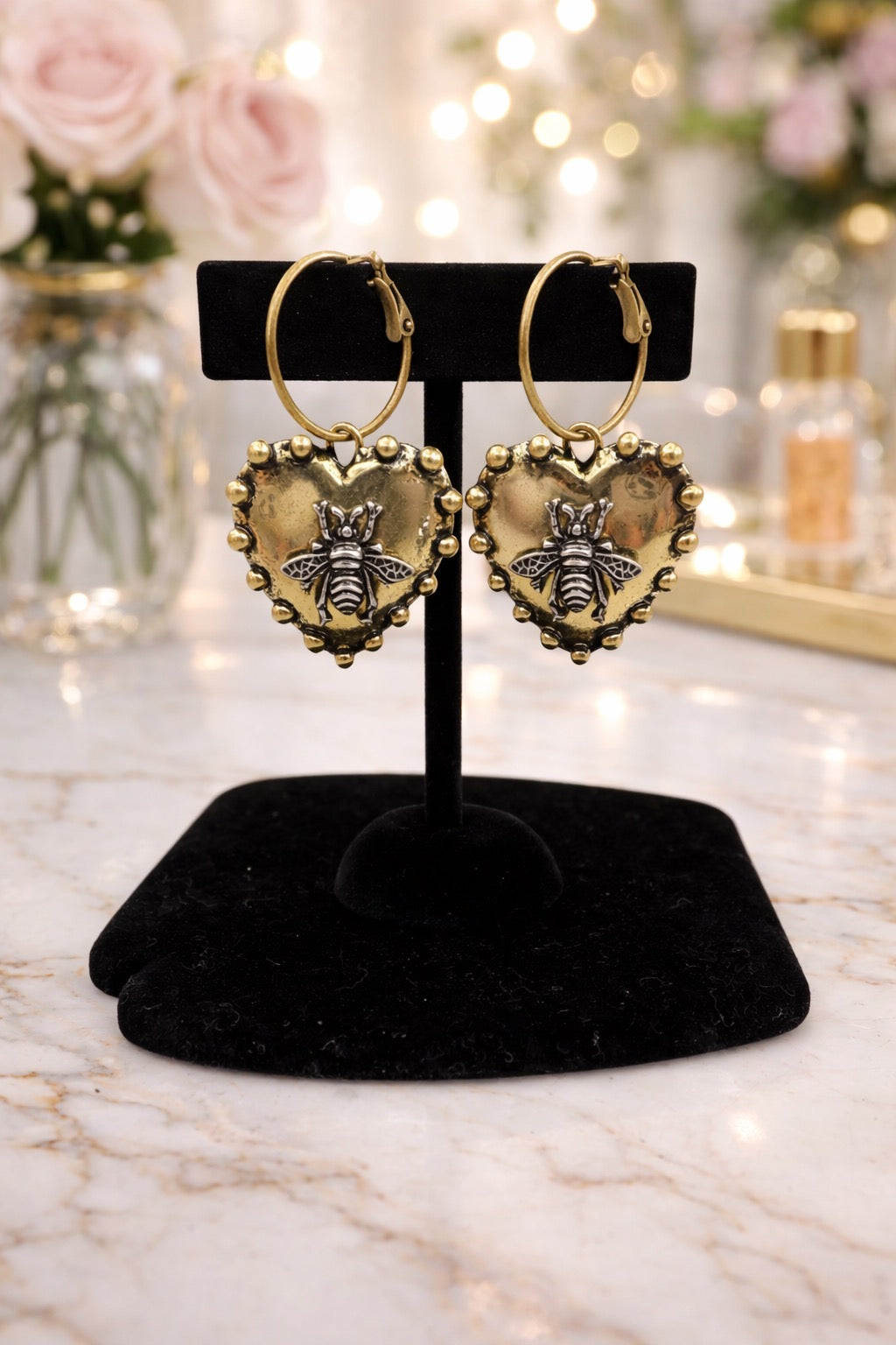 Gold Heart Bee Earrings