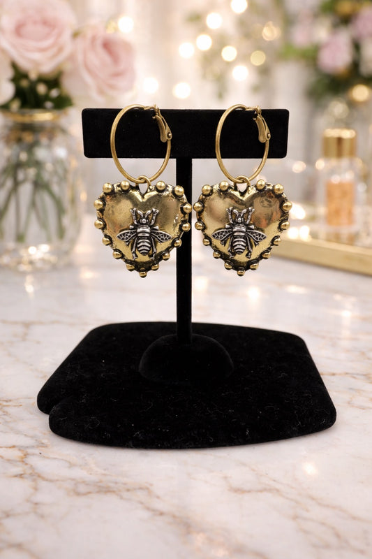 Gold Heart Bee Earrings
