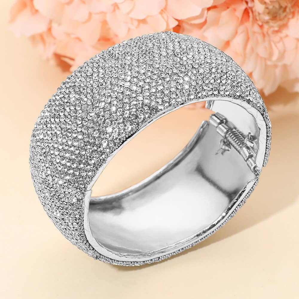 Wide Rhinestone Pearl Paved Hinged Evening Bangle Bracelet: Gold,Lt Col Topaz