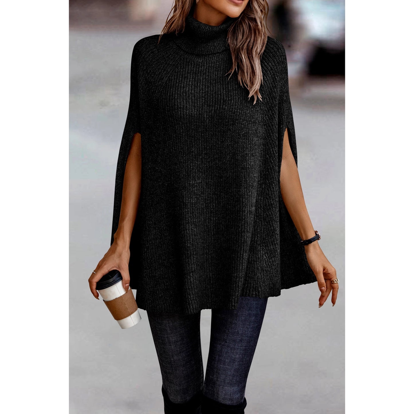 Rhonda Solid Roll Neck Knit Loose Poncho Black