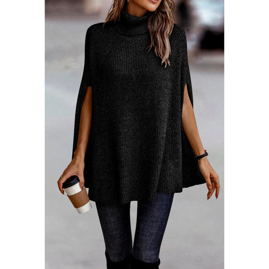 Rhonda Solid Roll Neck Knit Loose Poncho Black