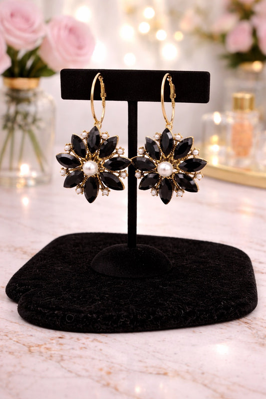 Jet Black Pearl Flower Earrings