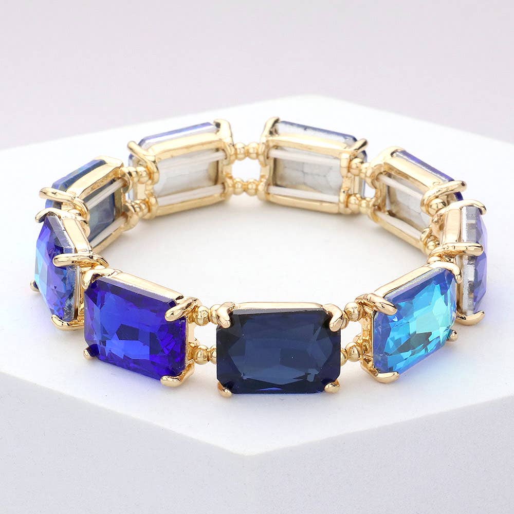 Emerald Cut Stone Stretch Evening Bracelet: Clear Gold Shiny